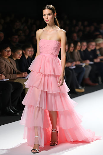 Tiered Pink Strapless Ruffled Long Gala Dress