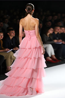 Tiered Pink Strapless Ruffled Long Gala Dress