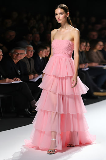 Tiered Pink Strapless Ruffled Long Gala Dress