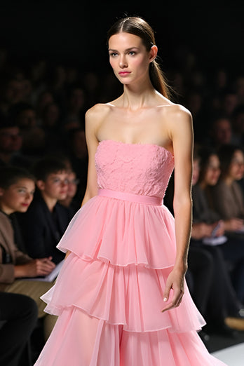 Tiered Pink Strapless Ruffled Long Gala Dress