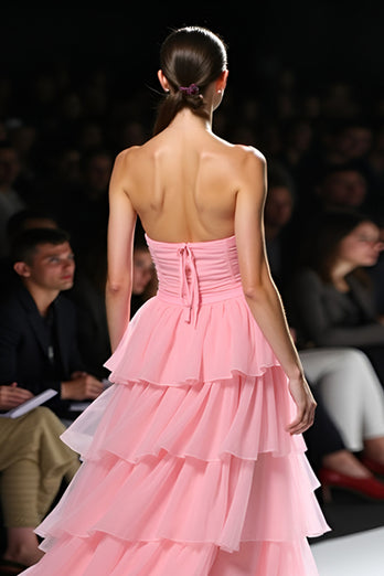 Tiered Pink Strapless Ruffled Long Gala Dress