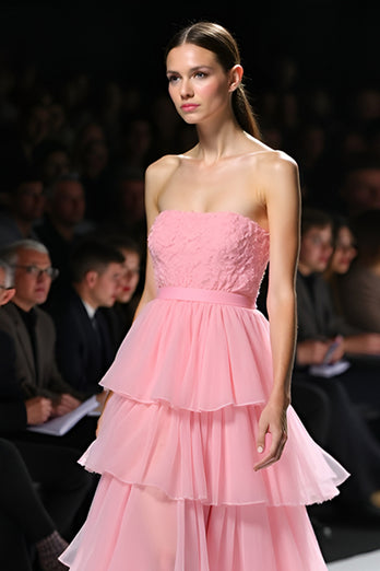 Tiered Pink Strapless Ruffled Long Gala Dress