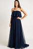 Load image into Gallery viewer, Strapless Navy Ruched Long Formal Dress