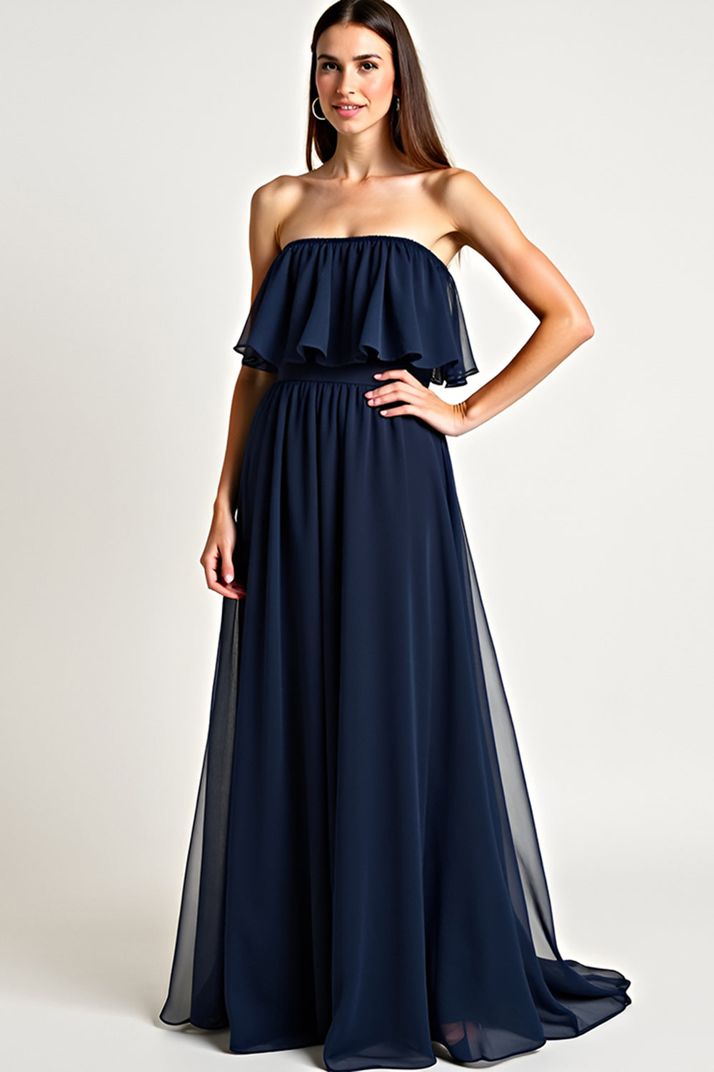 Strapless Navy Ruched Long Formal Dress