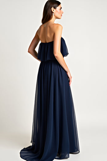 Strapless Navy Ruched Long Formal Dress