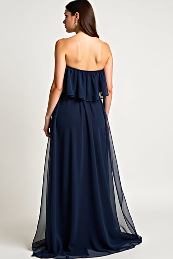 Strapless Navy Ruched Long Formal Dress