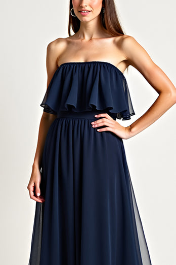 Strapless Navy Ruched Long Formal Dress