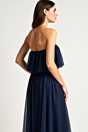 Strapless Navy Ruched Long Formal Dress