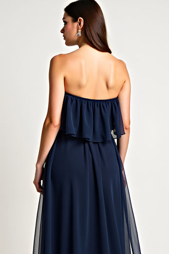 Strapless Navy Ruched Long Formal Dress