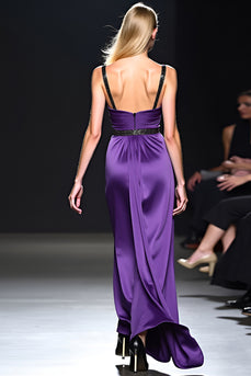 Deep V-Neck Dark Purple Ruched Long Gala Dress