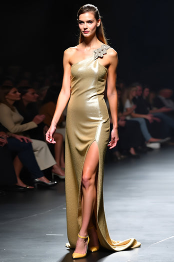 Golden Sheath One Shoulder Long Gala Dress with Slit