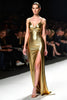 Load image into Gallery viewer, Metallic Golden V-Neck Long Gala Dress with Slit