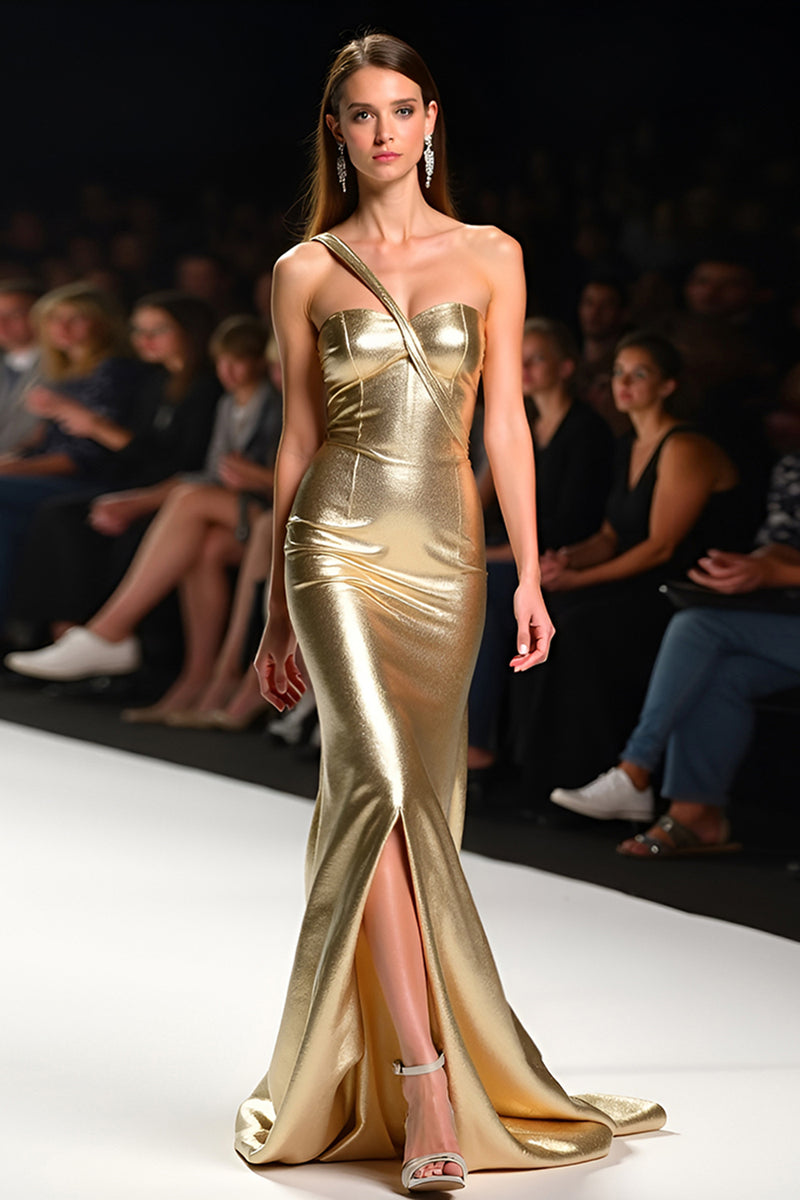 Load image into Gallery viewer, Glitter Sweetheart Golden Long Gala Dress with Slit