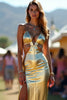 Load image into Gallery viewer, Metallic Deep V-Neck Golden Long Formal Dress with Slit