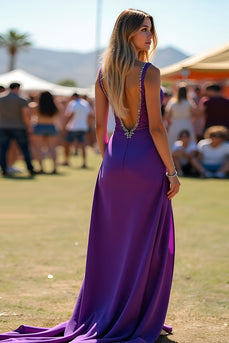 Sparkly Dark Purple Beaded Long Formal Dress with Slit