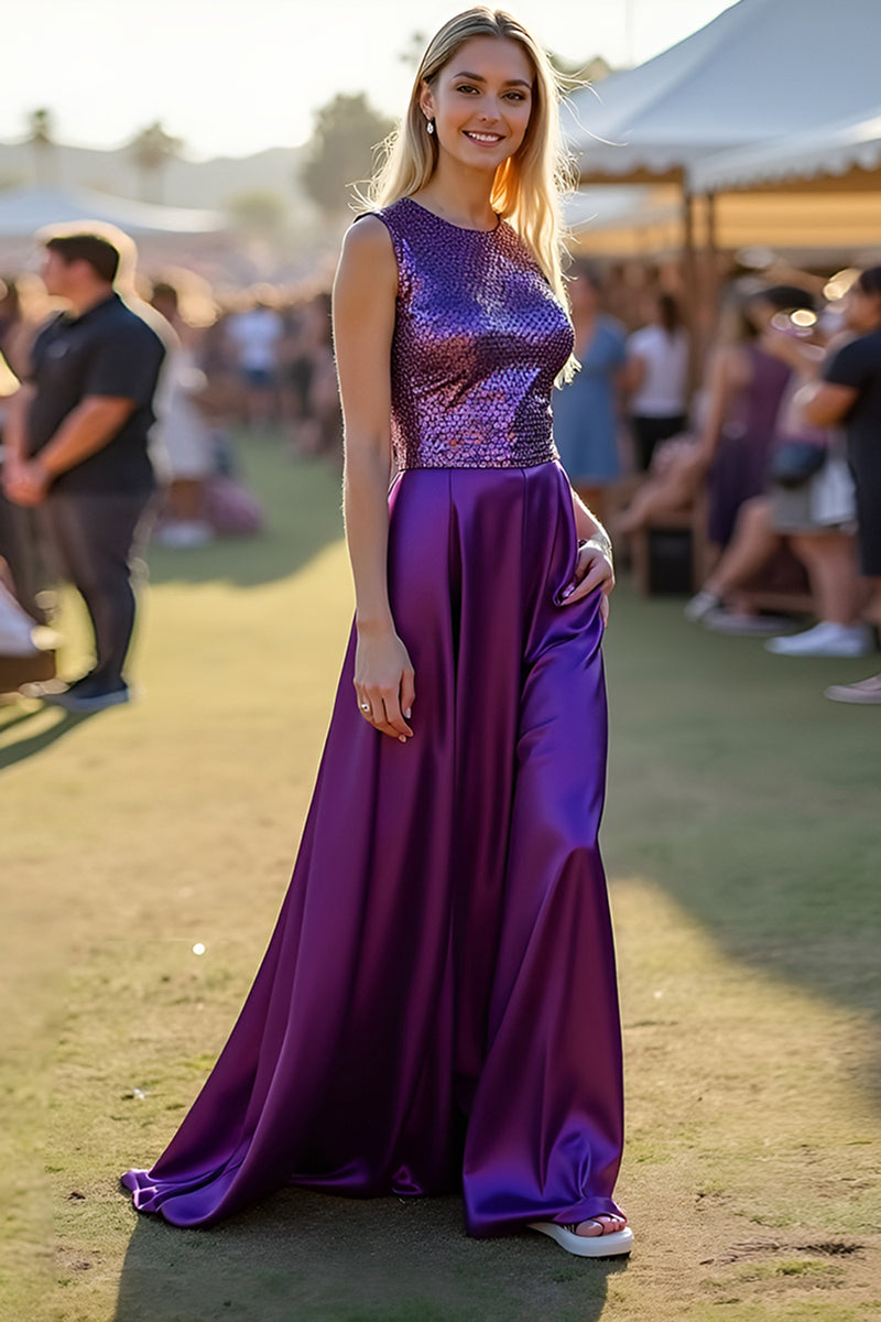 Load image into Gallery viewer, Scoop Dark Purple Satin Ruched Long Formal Dress