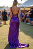 Load image into Gallery viewer, Scoop Dark Purple Satin Ruched Long Formal Dress