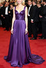 Load image into Gallery viewer, A Line Dark Purple Sparkly Ruched Long Gala Dress