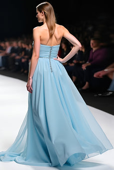 Grey Blue A Line Strapless Long Gala Dress