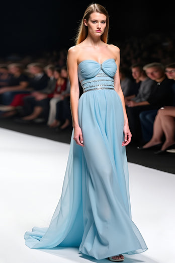 Grey Blue A Line Strapless Long Gala Dress