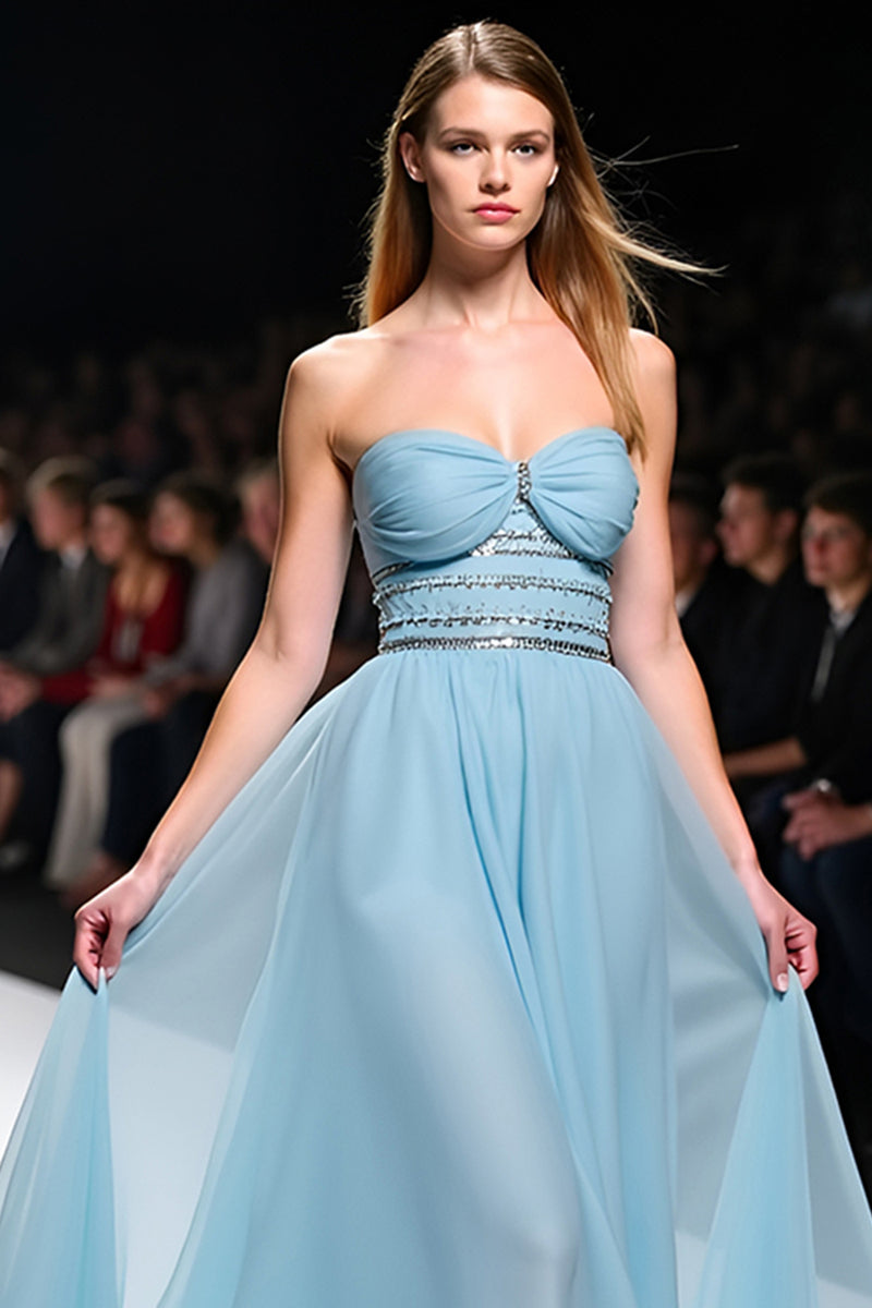 Load image into Gallery viewer, Grey Blue A Line Strapless Long Gala Dress