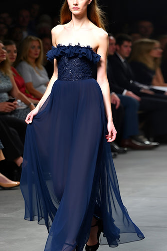 Sparkly Navy Strapless A Line Long Gala Dress with Ruffles