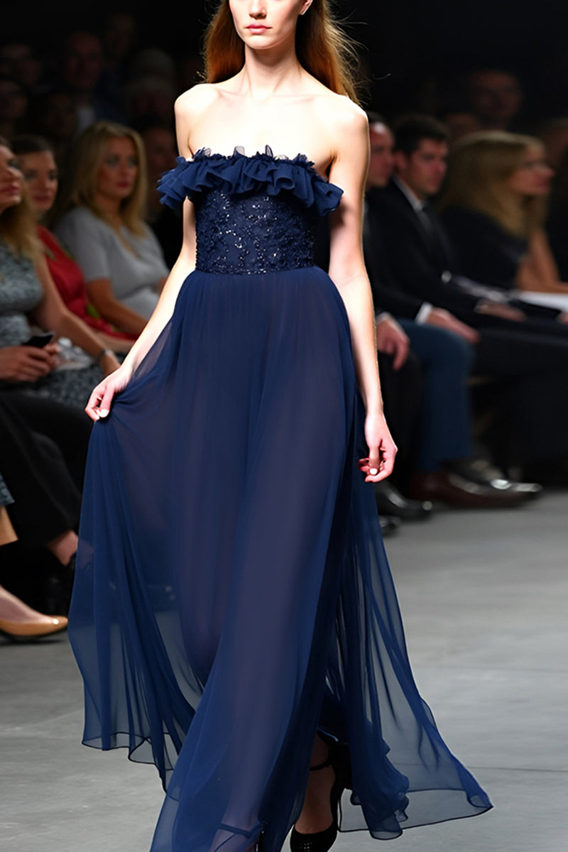 Load image into Gallery viewer, Sparkly Navy Strapless A Line Long Gala Dress with Ruffles