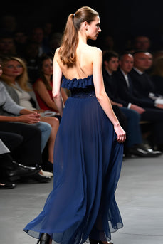 Sparkly Navy Strapless A Line Long Gala Dress with Ruffles