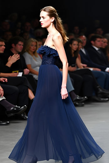 Sparkly Navy Strapless A Line Long Gala Dress with Ruffles