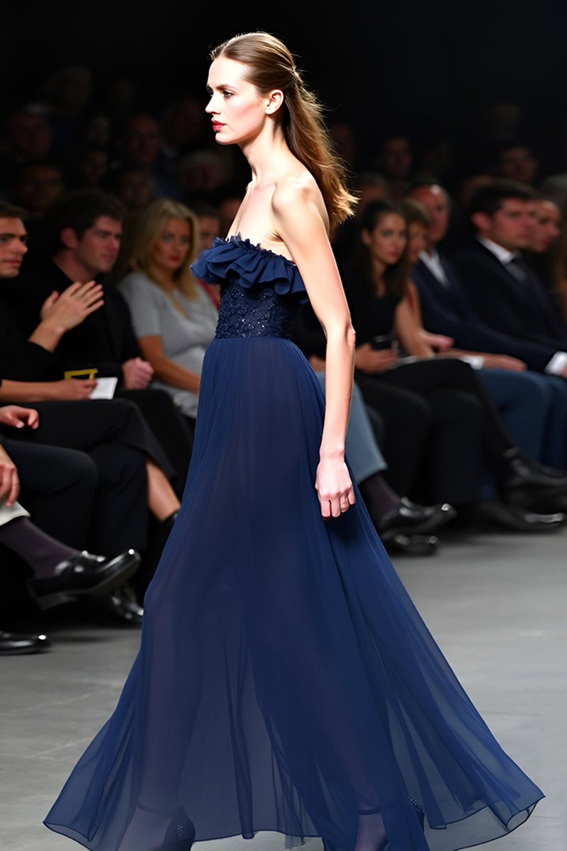 Load image into Gallery viewer, Sparkly Navy Strapless A Line Long Gala Dress with Ruffles