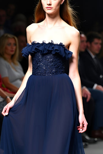 Sparkly Navy Strapless A Line Long Gala Dress with Ruffles