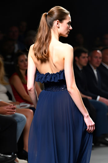 Sparkly Navy Strapless A Line Long Gala Dress with Ruffles