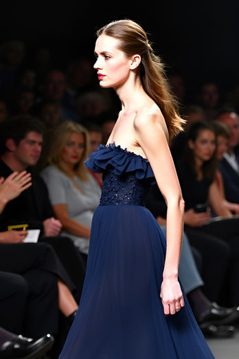 Sparkly Navy Strapless A Line Long Gala Dress with Ruffles