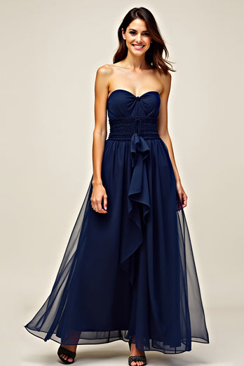 Navy Sweetheart A Line Ruffled Long Formal Dress