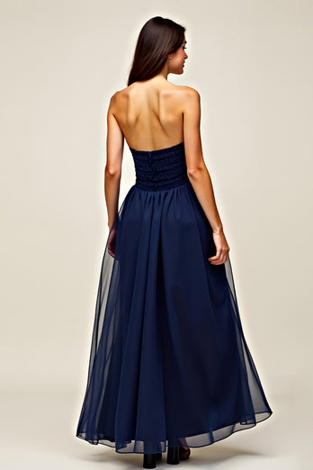 Navy Sweetheart A Line Ruffled Long Formal Dress