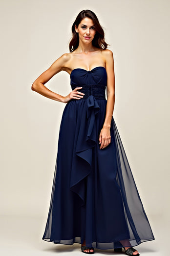 Navy Sweetheart A Line Ruffled Long Formal Dress