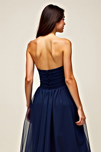 Navy Sweetheart A Line Ruffled Long Formal Dress