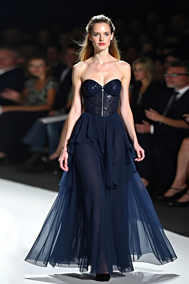 Load image into Gallery viewer, Sparkly Navy Sweetheart A Line Long Gala Dress