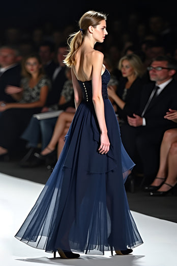 Sparkly Navy Sweetheart A Line Long Gala Dress