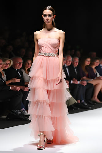 Beaded Blush A Line Tiered Backless Long Gala Dress