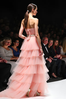 Beaded Blush A Line Tiered Backless Long Gala Dress