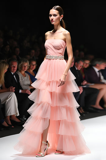 Beaded Blush A Line Tiered Backless Long Gala Dress