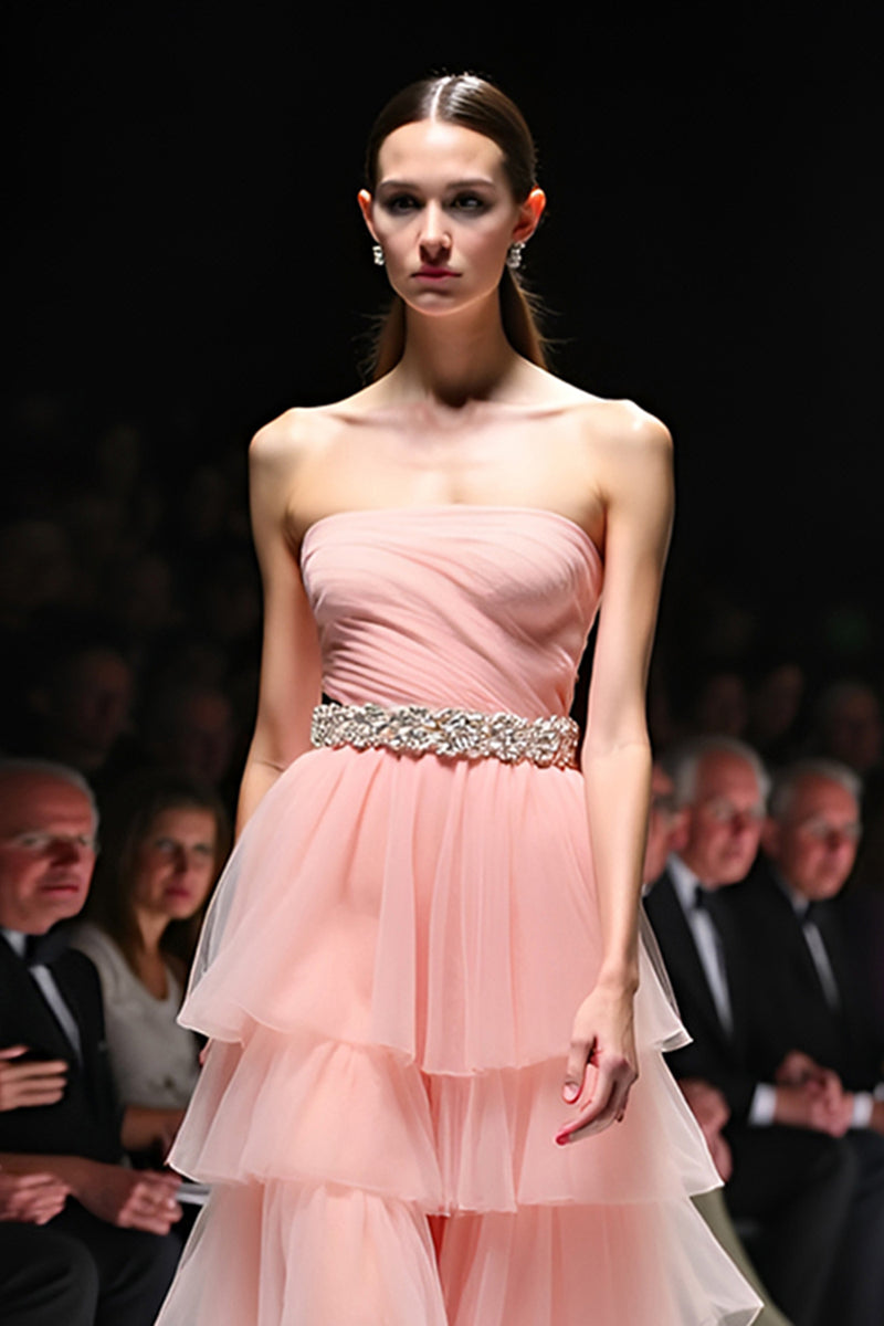 Load image into Gallery viewer, Beaded Blush A Line Tiered Backless Long Gala Dress