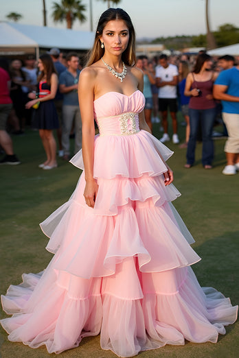 Blush Ball Gown Tiered Backless Long Formal Dress with Beading