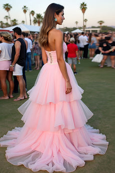 Blush Ball Gown Tiered Backless Long Formal Dress with Beading