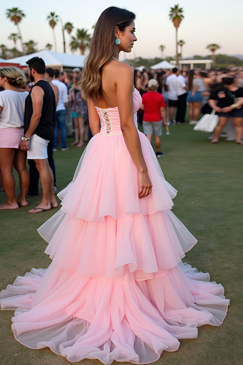 Load image into Gallery viewer, Blush Ball Gown Tiered Backless Long Formal Dress with Beading