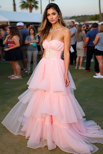 Blush Ball Gown Tiered Backless Long Formal Dress with Beading