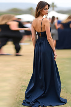 Navy Spaghetti Straps A Line Satin Long Formal Dress