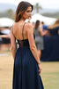 Load image into Gallery viewer, Navy Spaghetti Straps A Line Satin Long Formal Dress