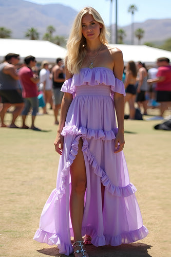 Lilac Ruffled Off the Shoulder Long Chiffon Formal Dress with slit